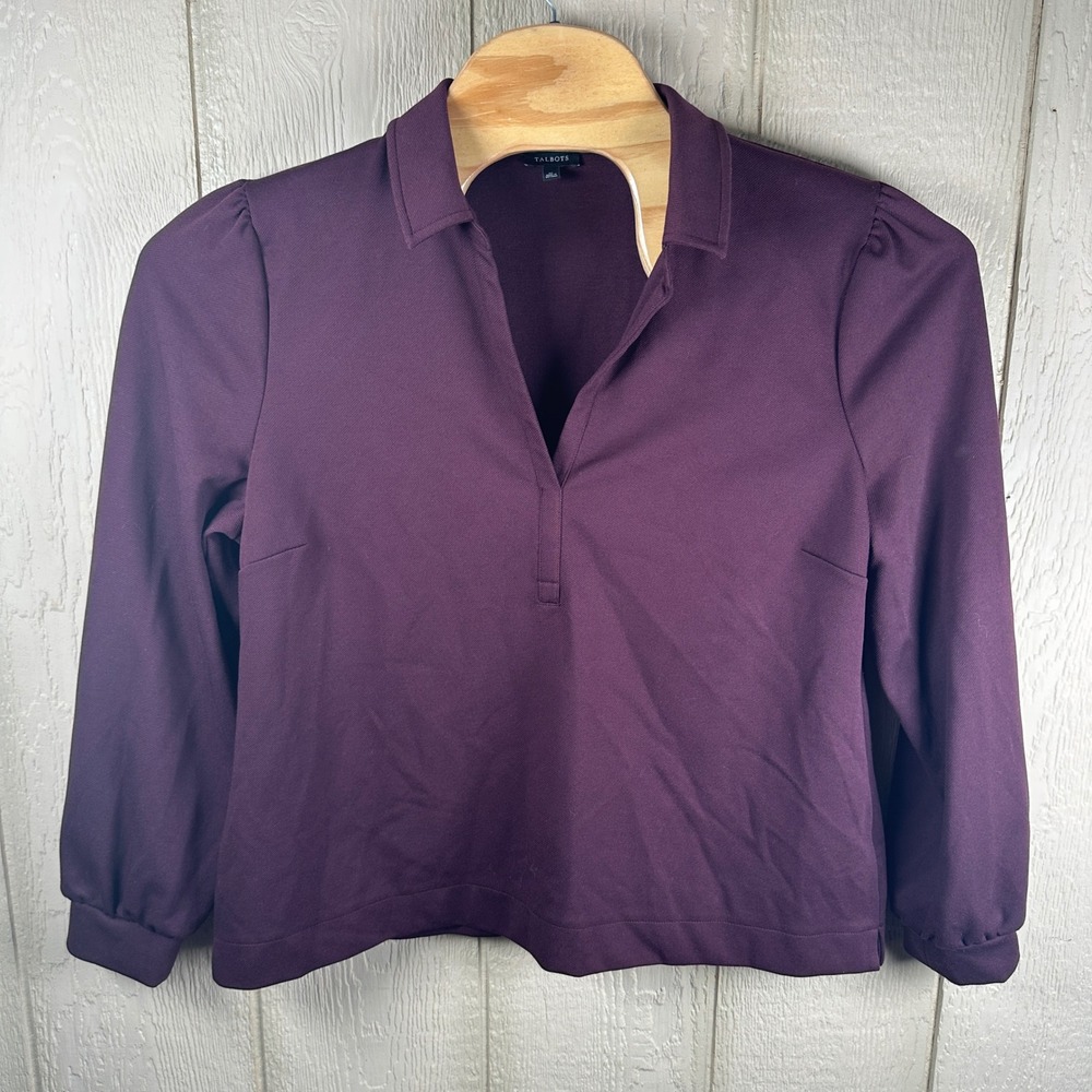 Talbots Blouse Size XL Plum Purple V-Neck Puff Sleeve Preppy Workwear Career Top